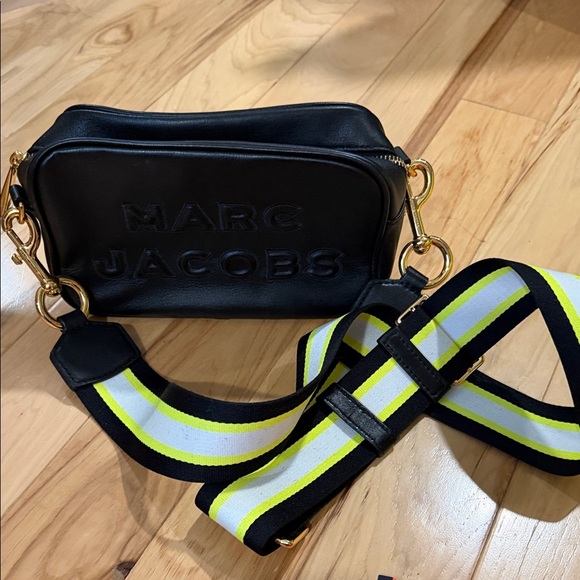 Marc Jacobs Handbags - Marc Jacobs Black Leather Camera Bag with Neon Yellow Accent Strap
